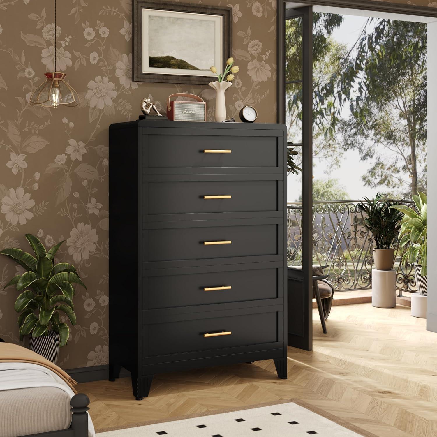 Schubladenschrank Schwarz 5 Schubladen Metall 60x135cm