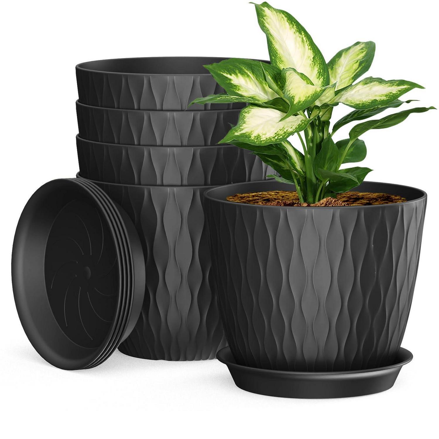 5er Set Blumentöpfe Mit Bewässerungssystem 20,3cm Schwarz Mit Untersetzer