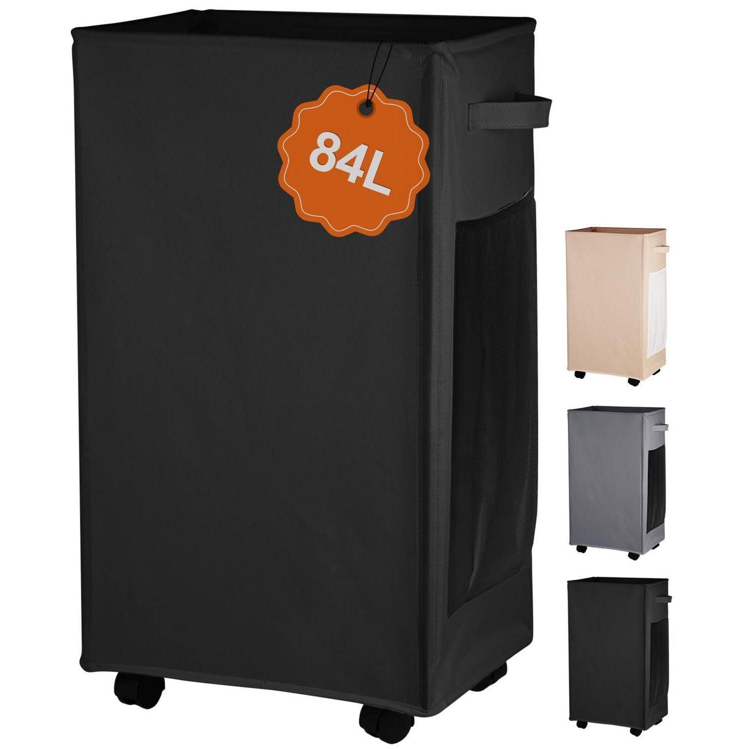 84l Faltbarer Wäschekorb Mit Rollen, Schwarz, Schmal, 600d Oxford-stoff