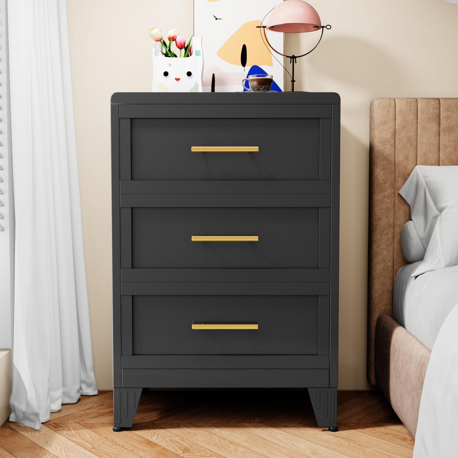 Schubladenschrank 90cm Schwarz, Metall, 3 Schubladen, Für Schlafzimmer & Büro
