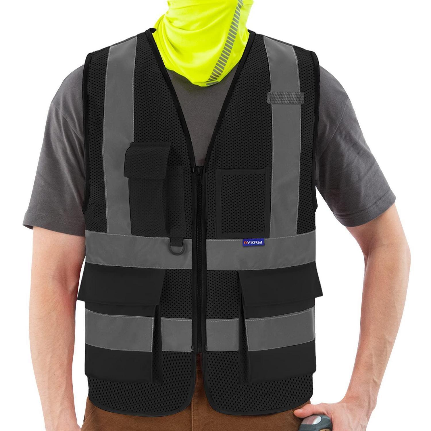Sicherheitsweste Mit Reflektorstreifen, Reißverschluss Und Taschen, Schwarz, Mesh