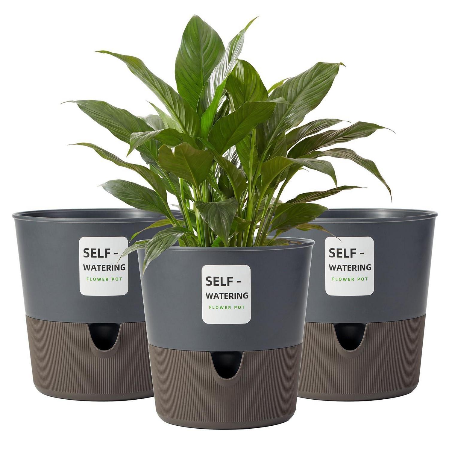 Selbstbewässernder Blumentopf 3er Set 16,5cm Mit Wasserstandsanzeiger, Kunststoff, Schwarz