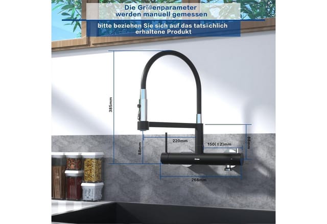 Küchenarmatur Wandmontage Mit 3/4 Zoll Anschluss, 3 Strahlarten, Ausziehbar, Mattschwarz
