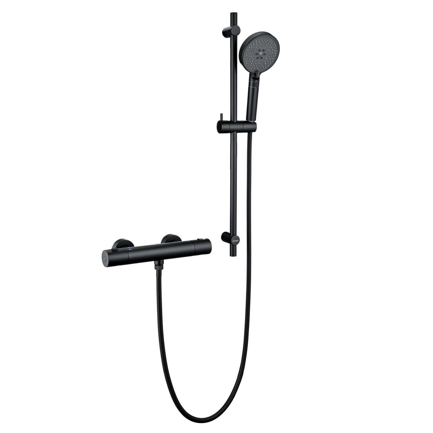 Duschsystem Mit Thermostat, 70cm Brausestange, 3 Strahl Handbrause, Schwarz