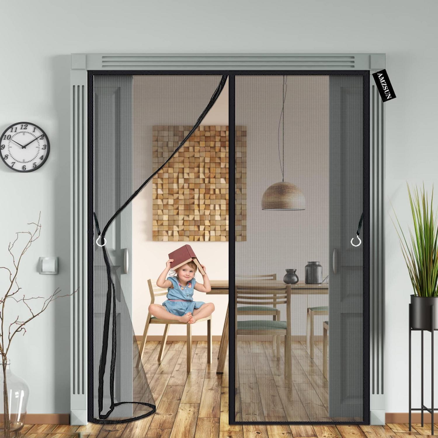Fliegengitter Tür 165x210 Cm Schwarz Mit Magnetverschluss, Ohne Bohren