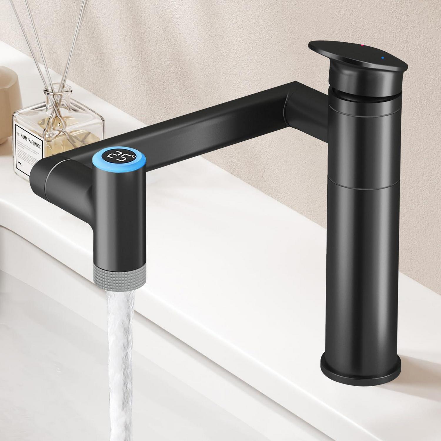 Waschtischarmatur Mit 1080° Schwenkarm, Temperaturanzeige Und 2 Strahlarten, Schwarz