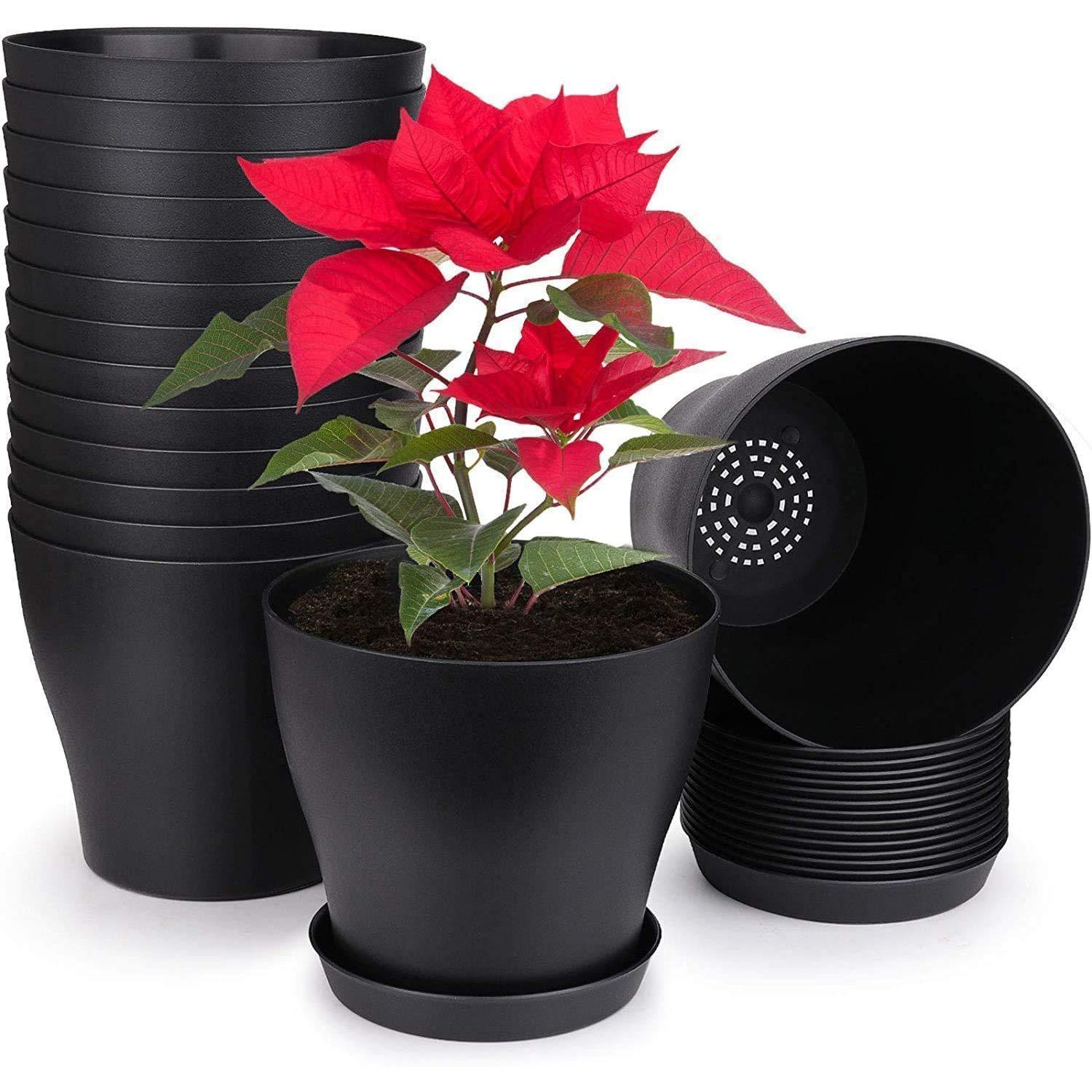10er Set Blumentöpfe Mit Untersetzer, 14cm Rund, Schwarz, Kunststoff
