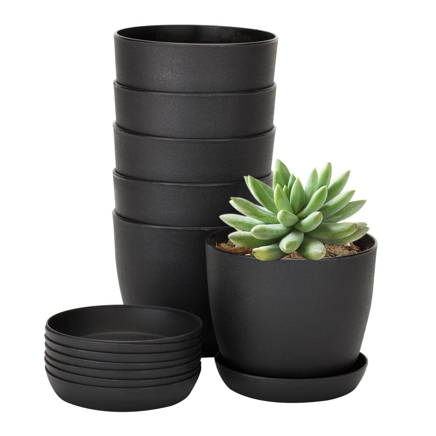 8er Set Blumentöpfe 10cm Mit Untersetzern, Kunststoff, Schwarz