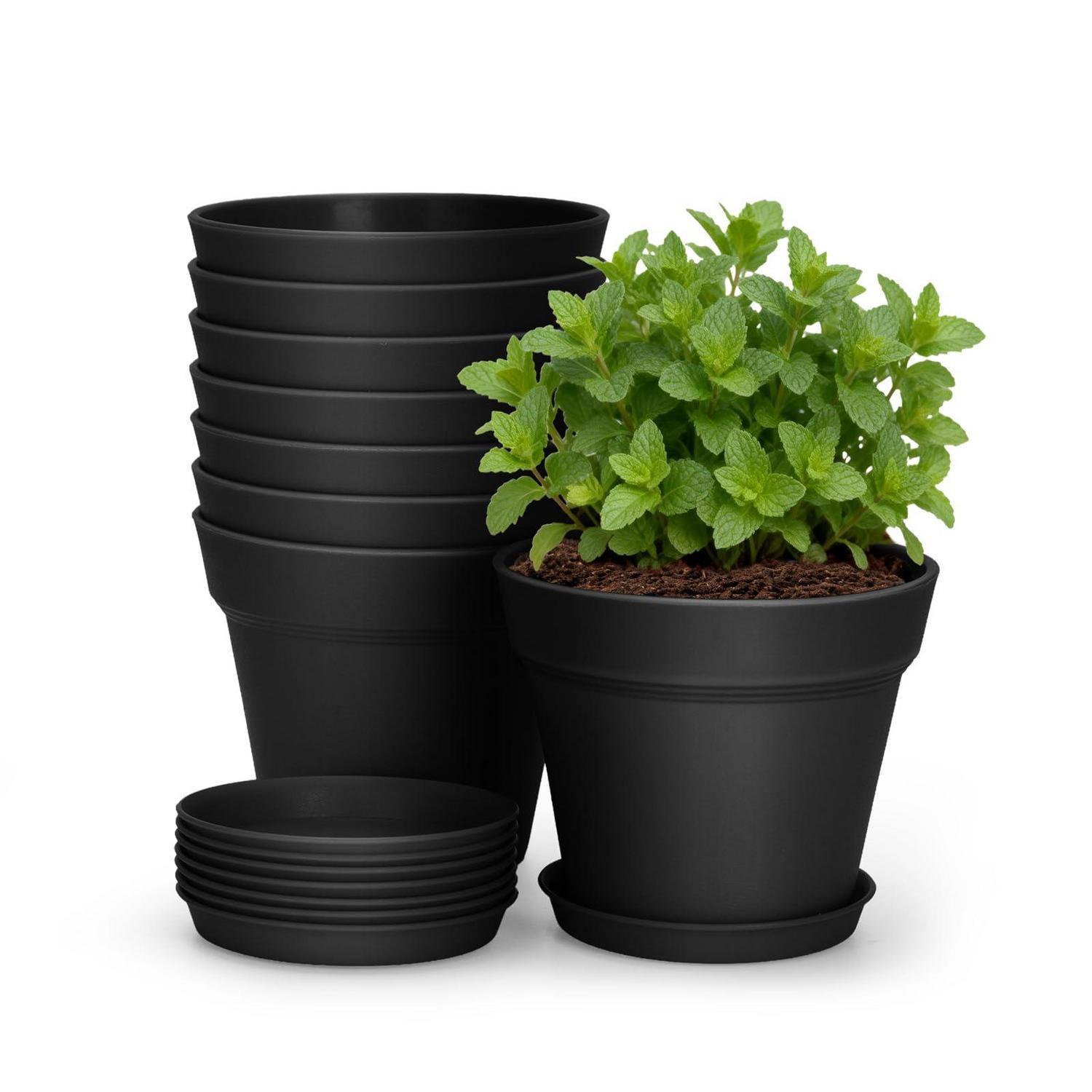 8er Set Blumentöpfe 10cm Mit Untersetzer, Kunststoff Pflanztöpfe Klein Schwarz
