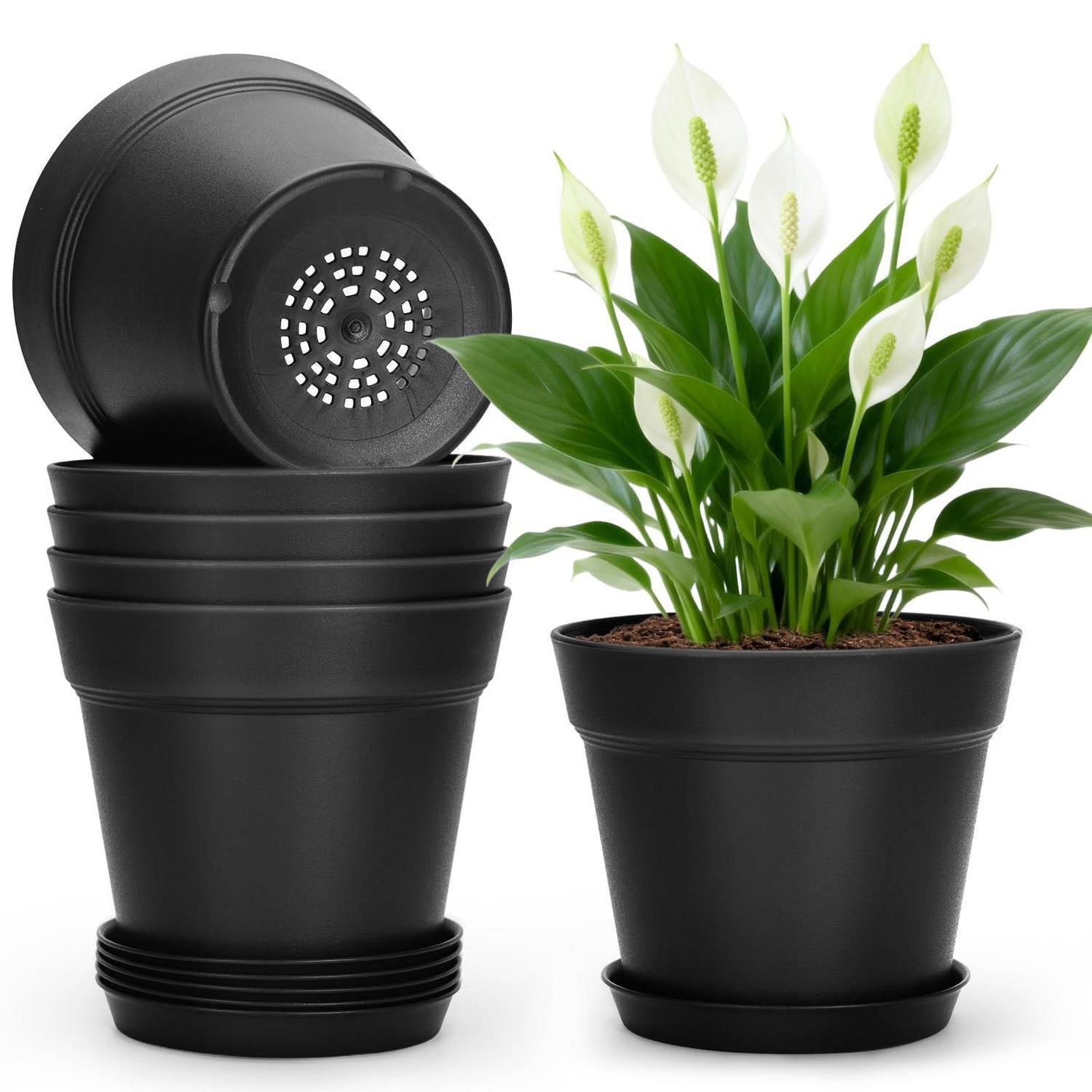 6er Set Blumentöpfe Mit Untersetzer, 15cm Kunststoff Pflanztöpfe Klein Schwarz