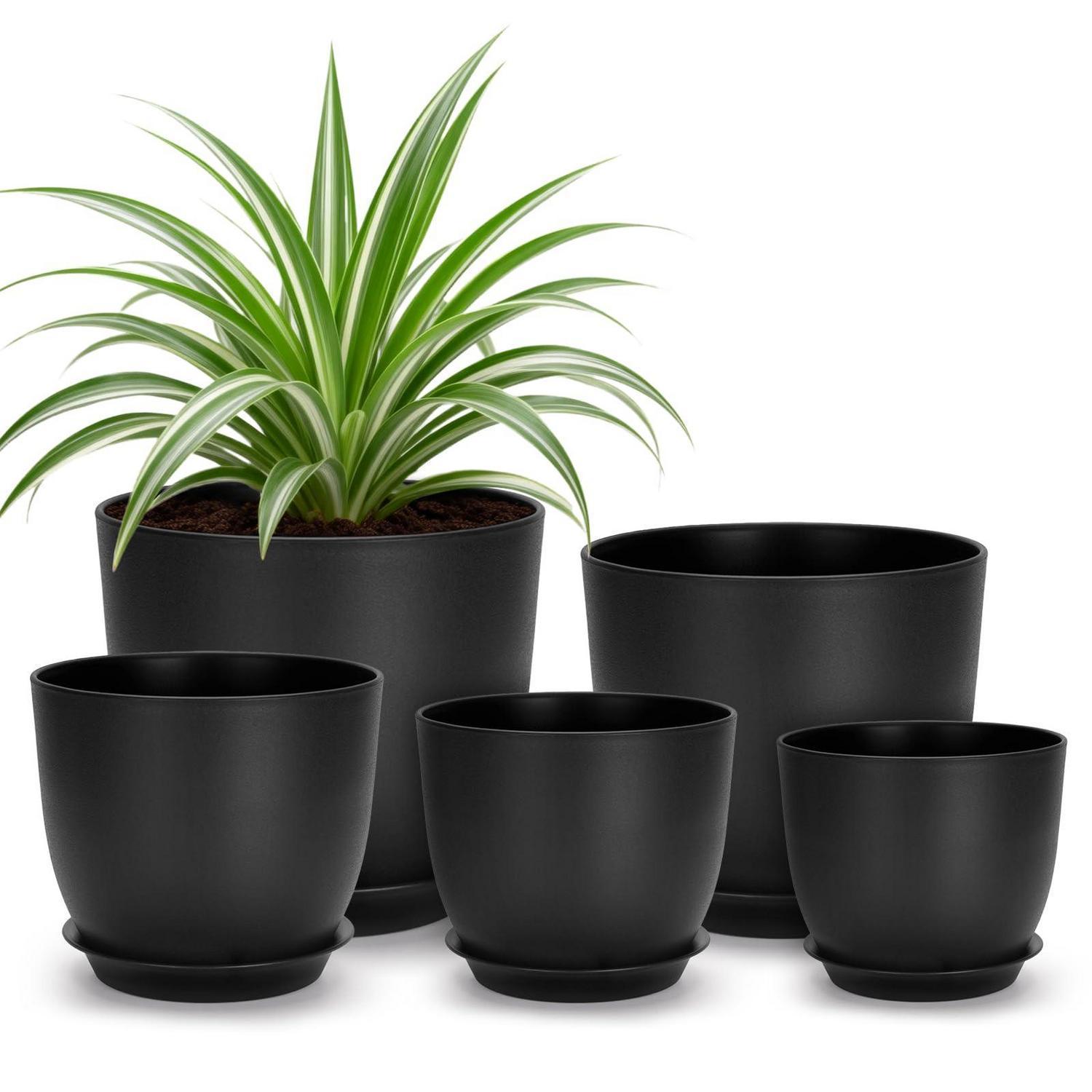 5er Blumentopf Set Mit Untersetzer, Kunststoff, Schwarz, Für Zimmerpflanzen
