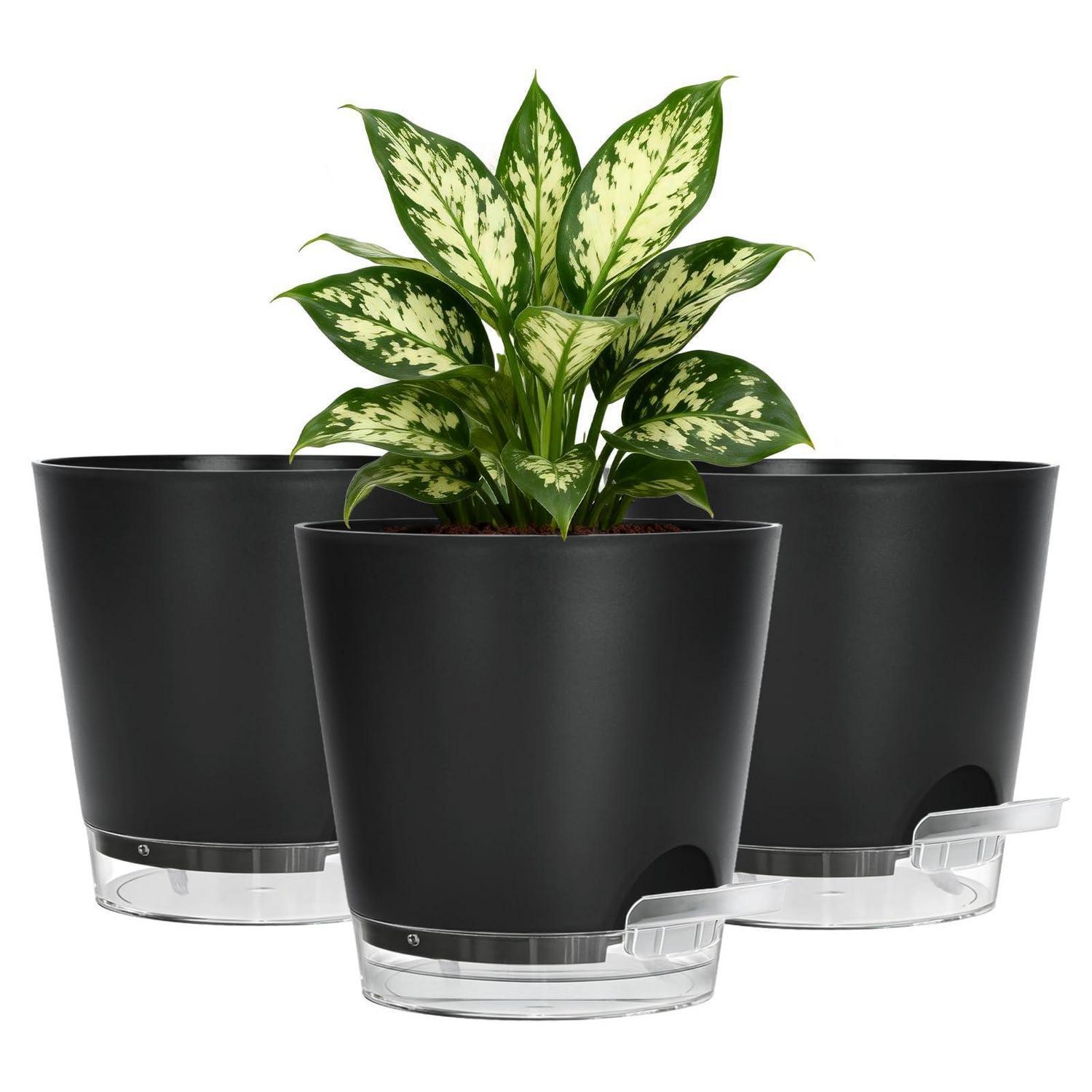 3er Set Pflanztöpfe 15cm Mit Bewässerungssystem Und Wasserstandsanzeige Schwarz