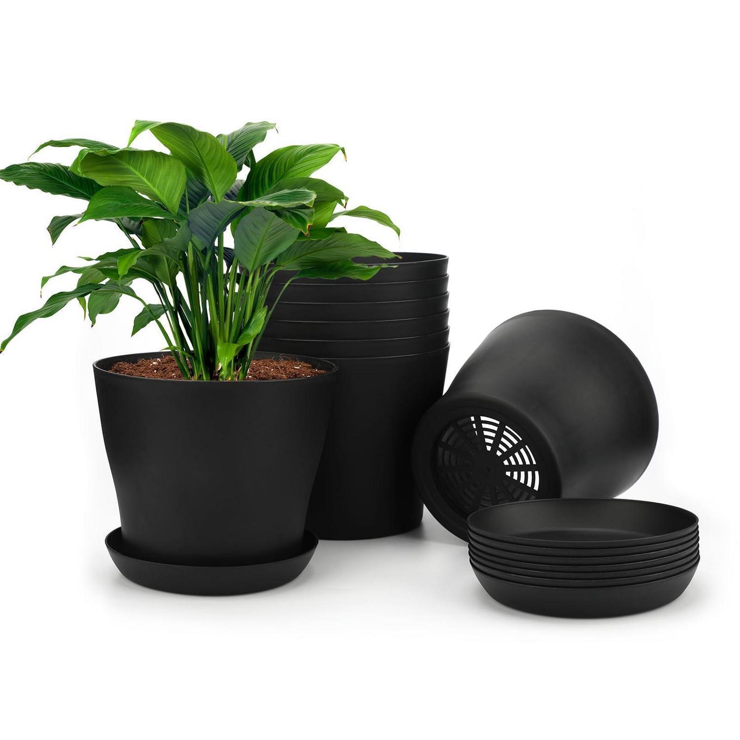 8er Set Schwarze Kunststoff-blumentöpfe 10cm Mit Untersetzern