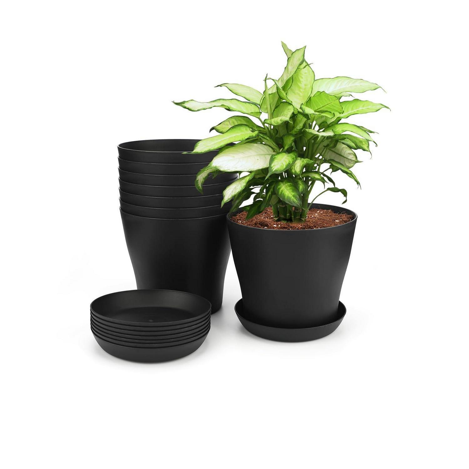 8er Set Blumentöpfe 14cm Mit Untersetzern, Kunststoff, Schwarz