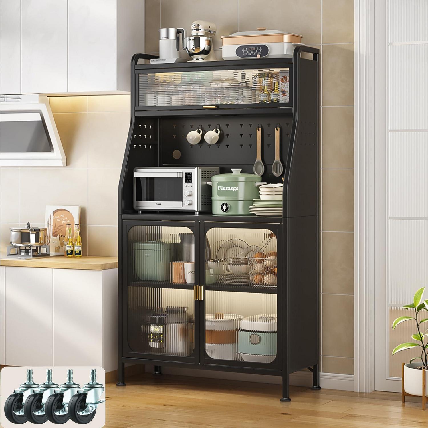 Küchenschrank Mit Arbeitsplatte, 76x36x160cm, Schwarz, Mit Rollen Und Verstellbaren Füßen