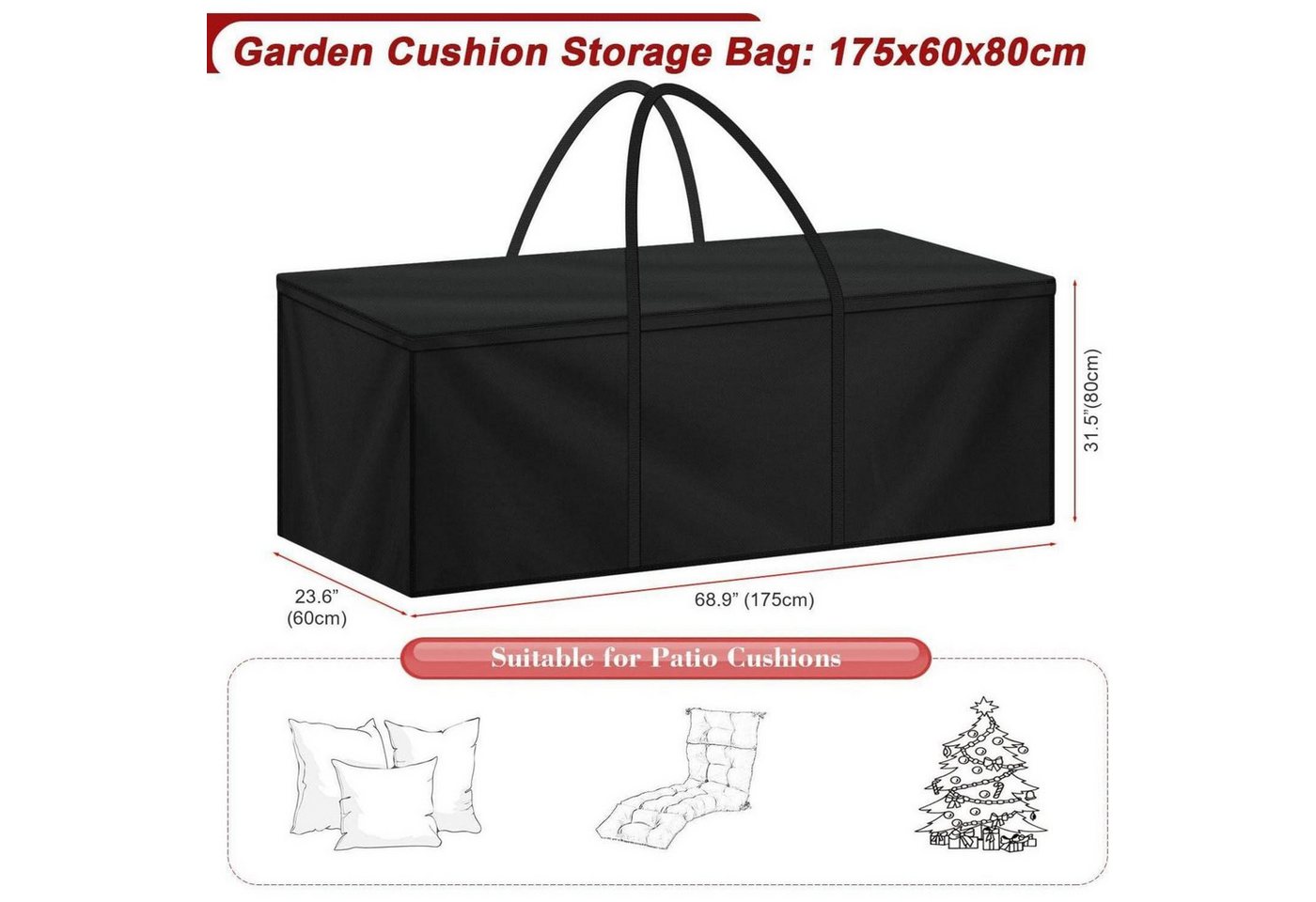 Gartenauflagen Tasche 175x60x80cm Wasserdicht 420d Oxford Mit Tragegriffen
