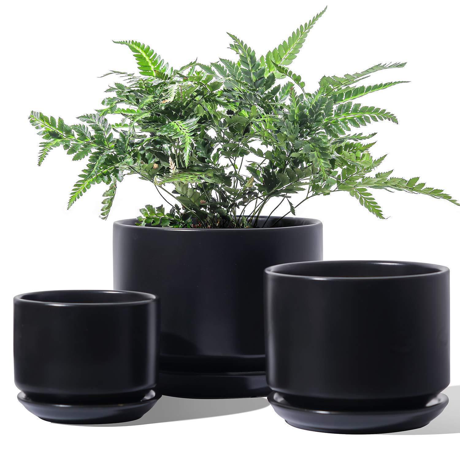 3er Set Keramik Blumentöpfe Mit Untersetzer, 11-17 Cm, Schwarz