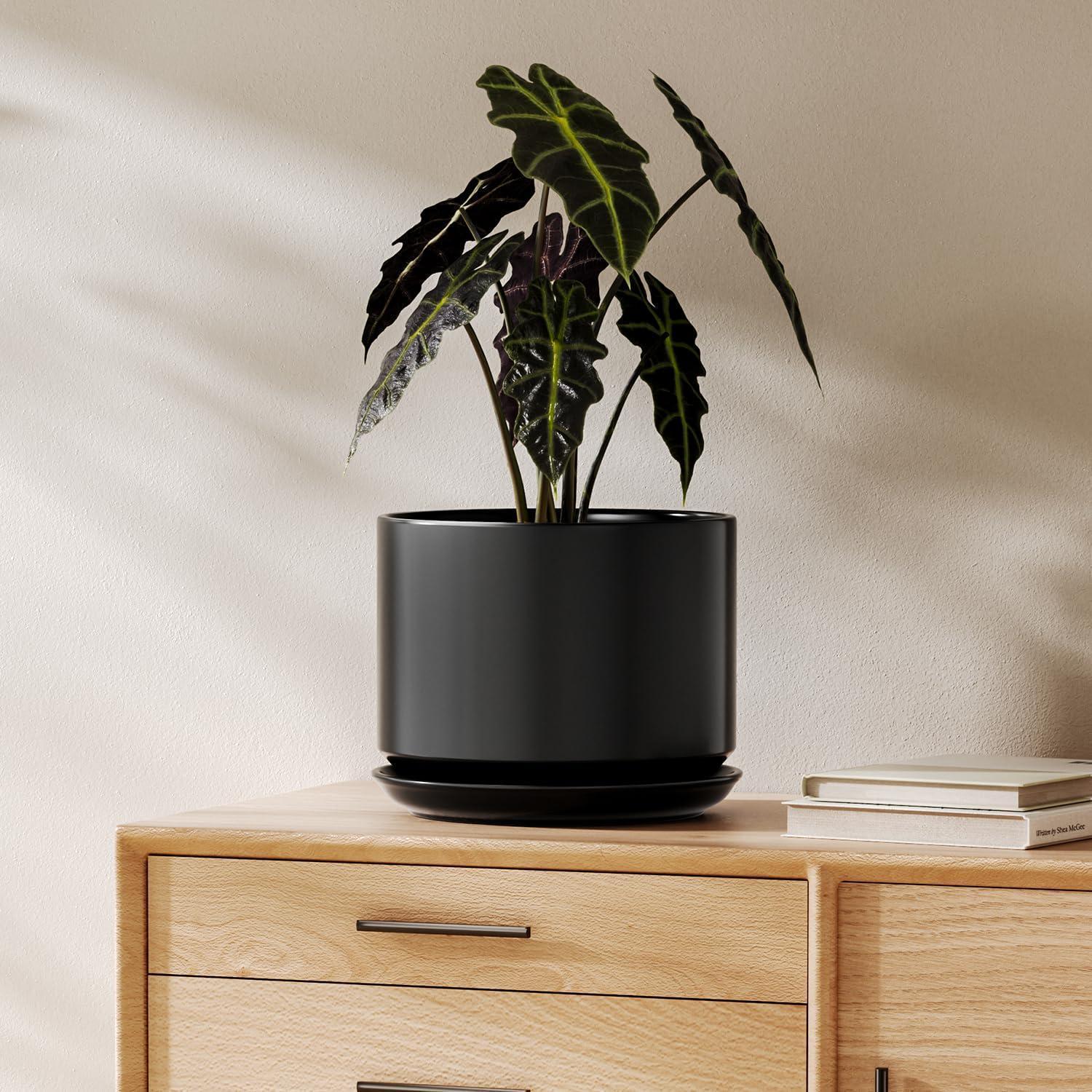 Keramik-blumentopf 20cm Mit Untersetzer, Schwarz, Mit Drainageloch