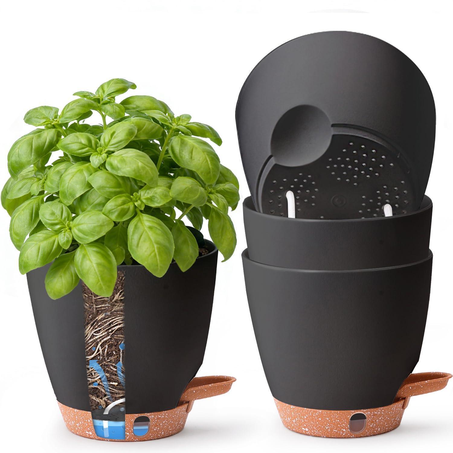 4er Set Selbstbewässernder Kräutertopf 15cm Für Fensterbank & Küche Schwarz