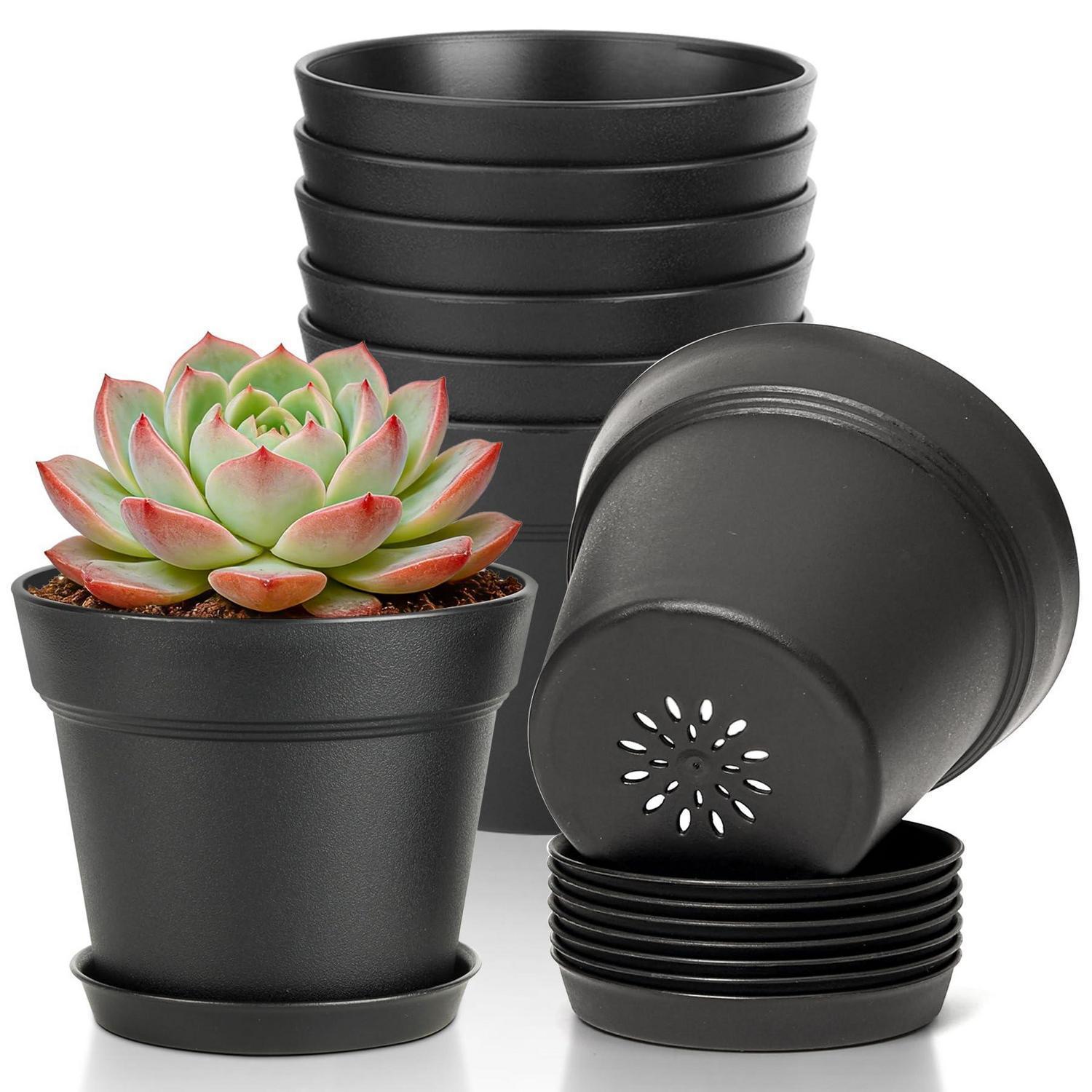 8er Set Blumentöpfe 10cm Mit Untersetzer, Kunststoff, Schwarz, Mit Ablauflöchern