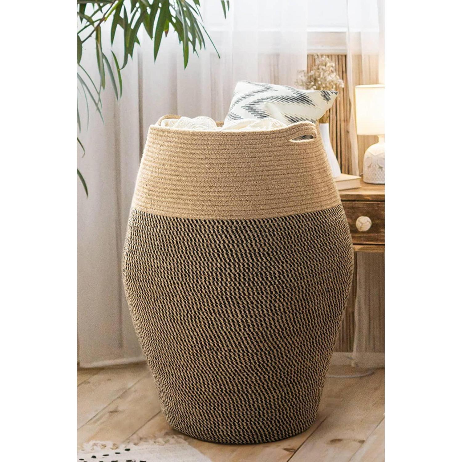 Großer Wäschekorb Aus Jute & Baumwolle, 65cm, Schwarz