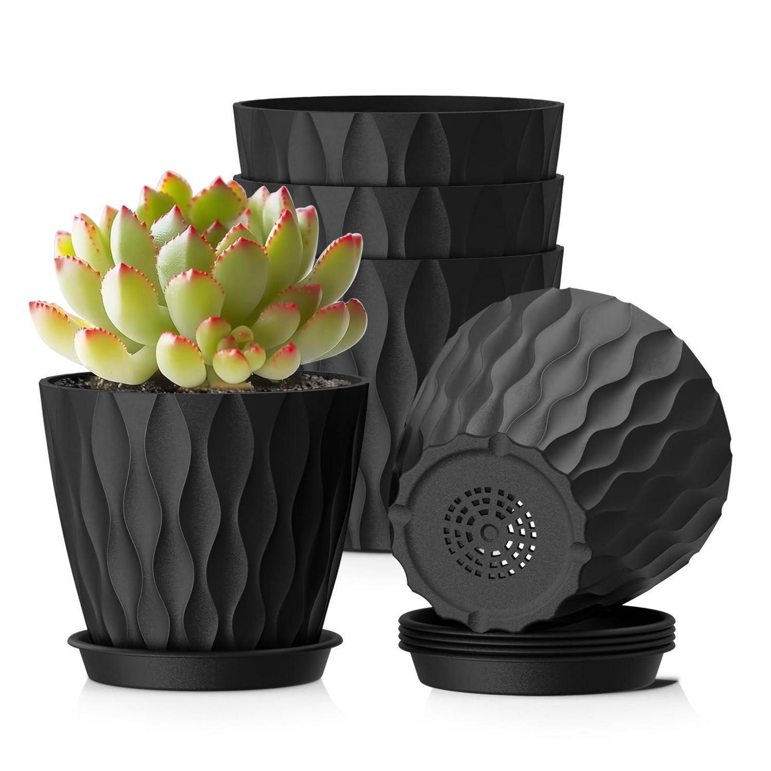 Blumentöpfe 5er Set Ø 10,2 Cm Mit Untersetzer, Kunststoff, Abflusslöcher, Wellenstruktur, Schwarz