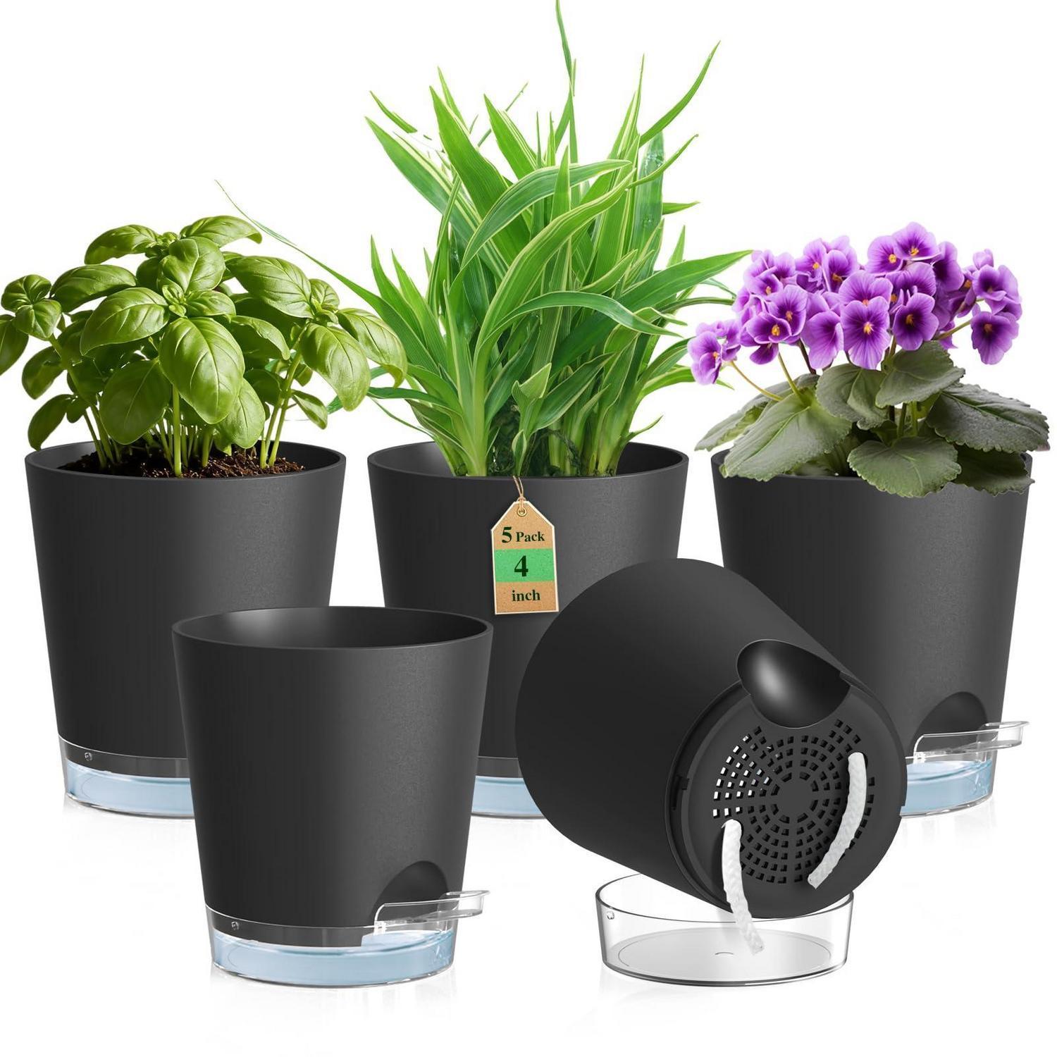 5er Set Selbstbewässerungstöpfe Ø 10 Cm Schwarz Mit Wasserstandsanzeige