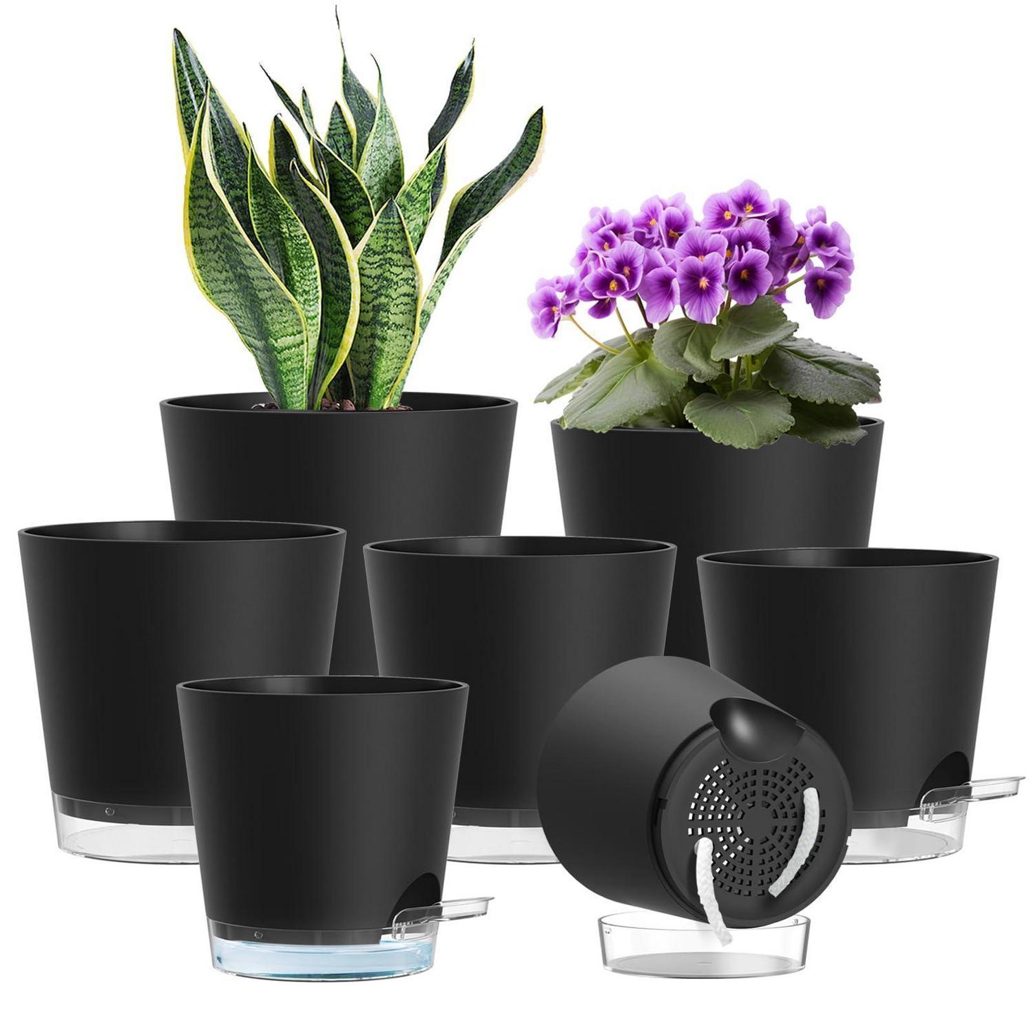 7er Set Selbstbewässerungstöpfe Ø 10,2-20 Cm, Kunststoff, Mit Wasserstandsanzeige, Schwarz