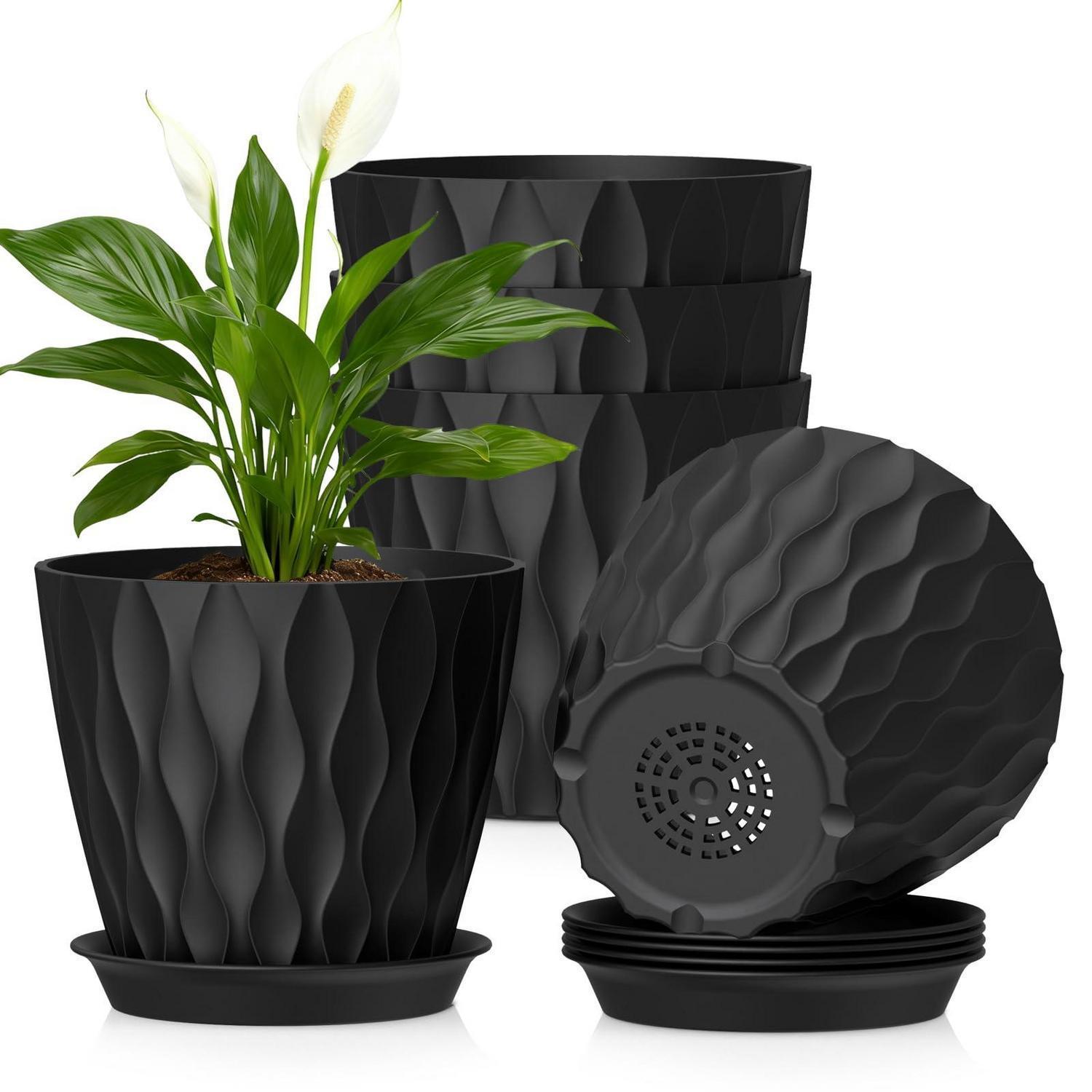 Blumentopf 5er Set Ø 17,6 Cm Mit Untersetzer, Kunststoff, Abflusslöcher, Wellenstruktur, Schwarz