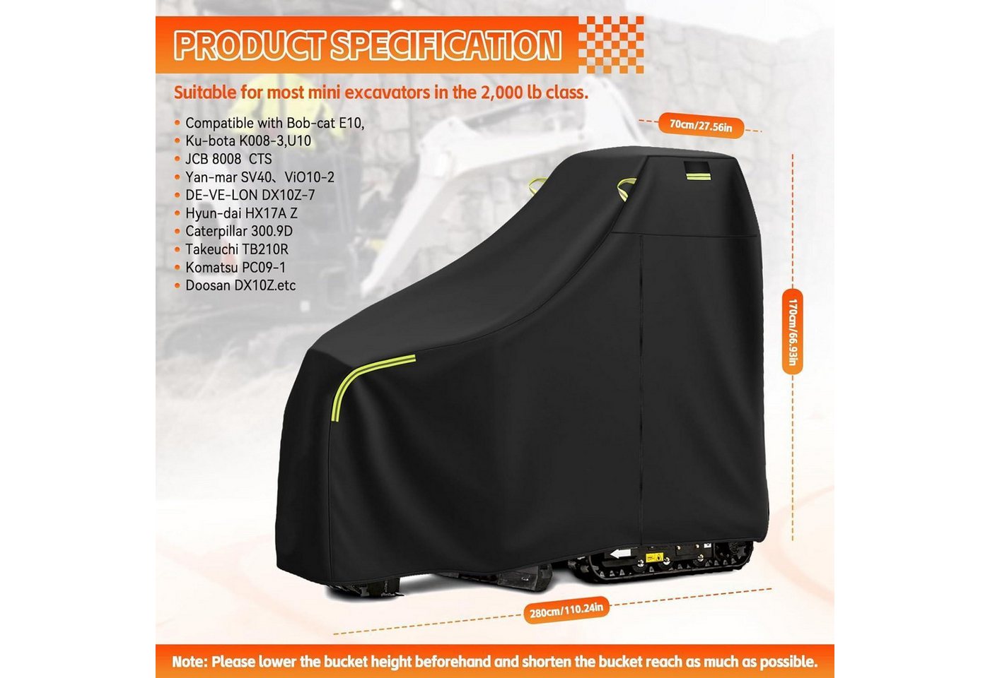 Baggerabdeckung Wasserdicht Atmungsaktiv Für Minibagger 900 Kg Mit Reißverschluss Und Reflektor Bild 3