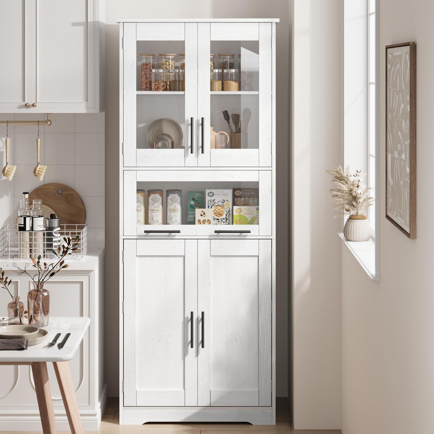 Küchenschrank 170cm Weiß Weißeiche Mit 4 Fächern, 2 Holz- & 2 Glastüren, Hochziehschublade