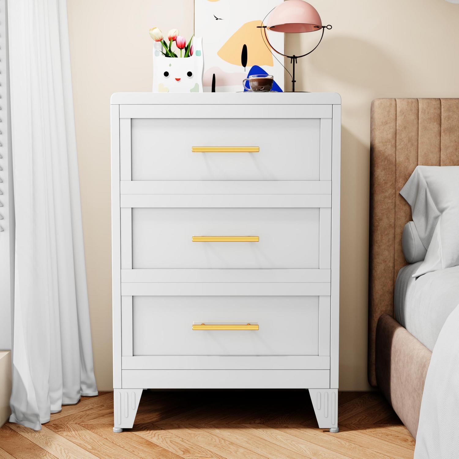 Weiße Metallkommode Mit 3 Schubladen, 90cm Hoch, Für Schlafzimmer & Büro