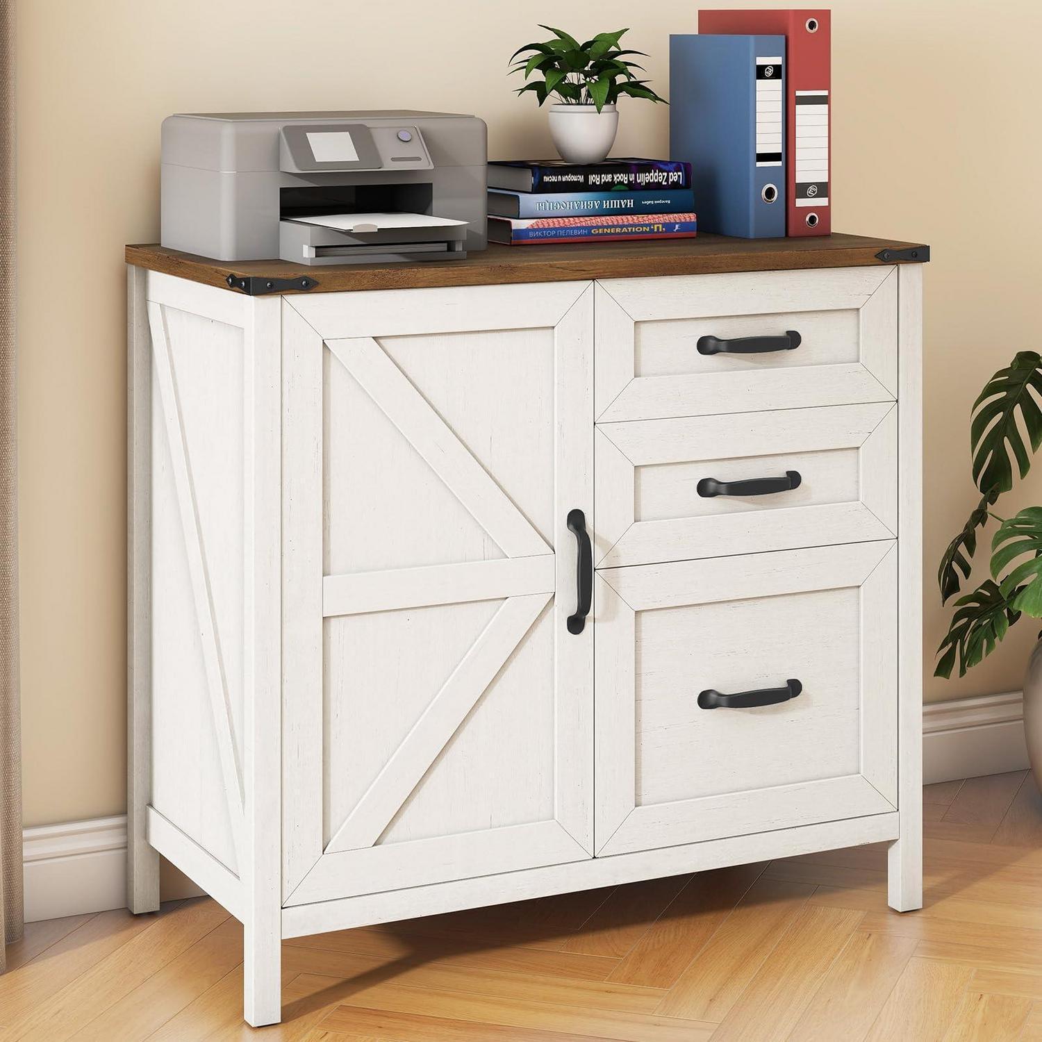 Aktenschrank 80cm Weiß Bauernhaus-stil Mit 3 Schubladen Für Homeoffice