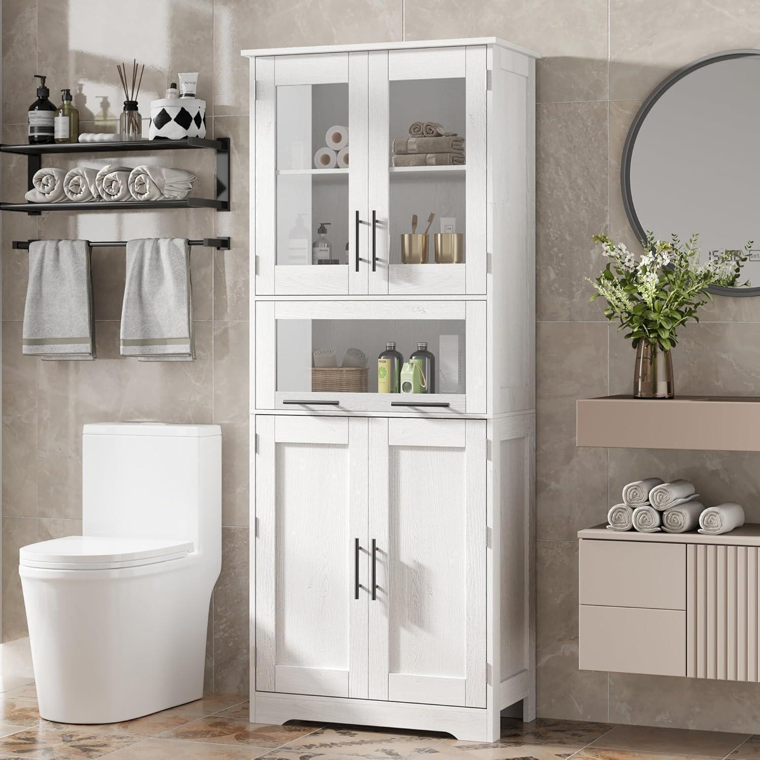 Badschrank Hochschrank Weiß Mit Glastüren, 5 Etagen, 4 Türen, 67x30x170cm