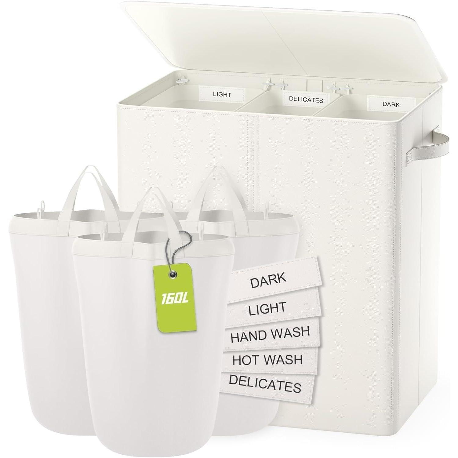 Wäschekorb Mit Deckel, 160l, 3 Fächer, Beige
