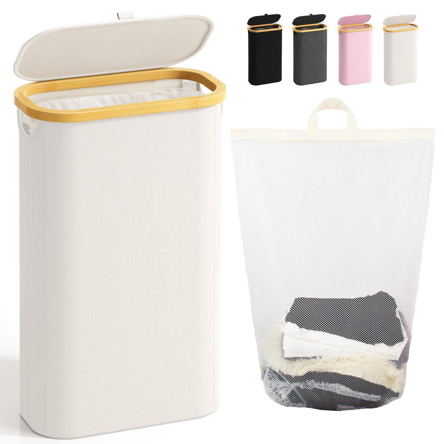 Schmaler Wäschekorb Mit Deckel, 75l, Faltbar, Herausnehmbarer Beutel, Beige
