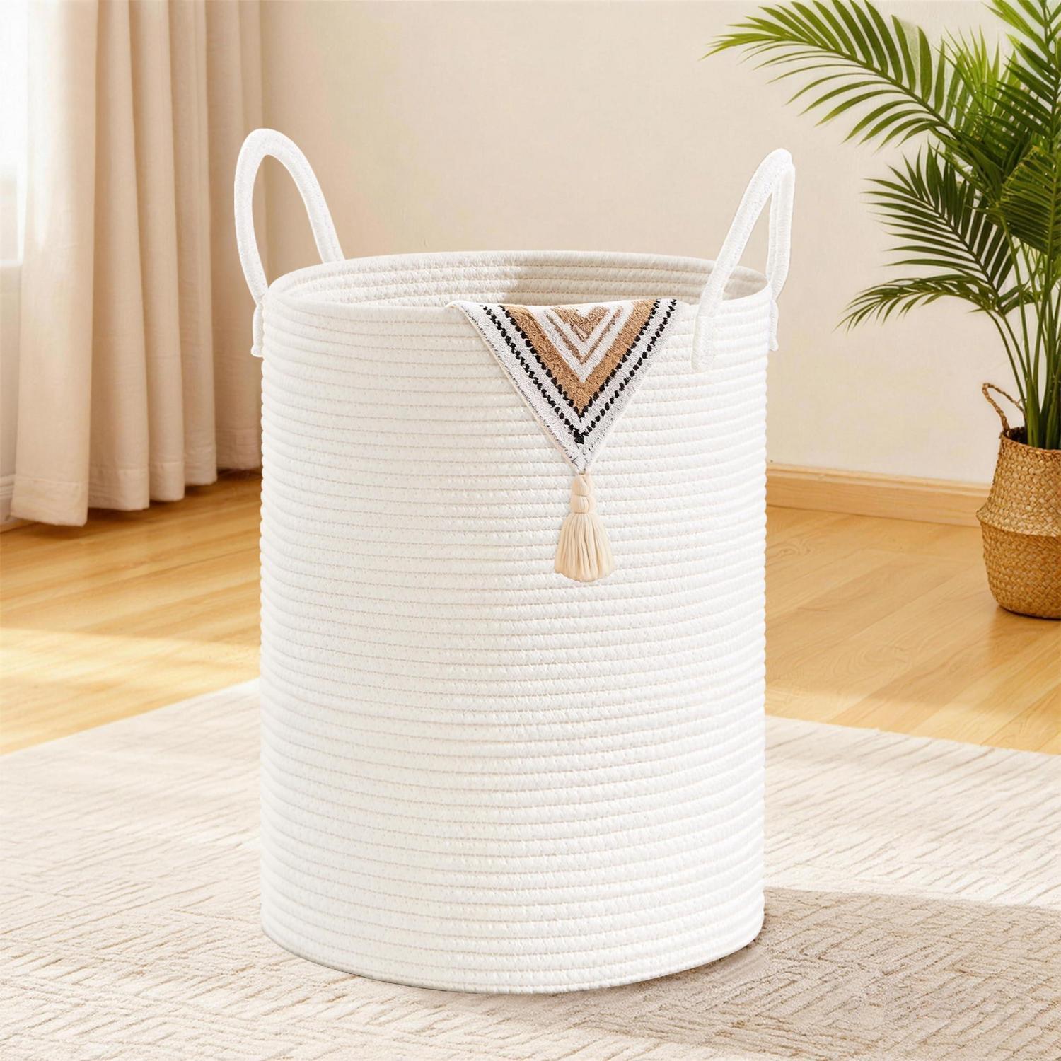 Geflochtener Wäschekorb 58l Mit Baumwollhenkel, Boho-stil, Weiß