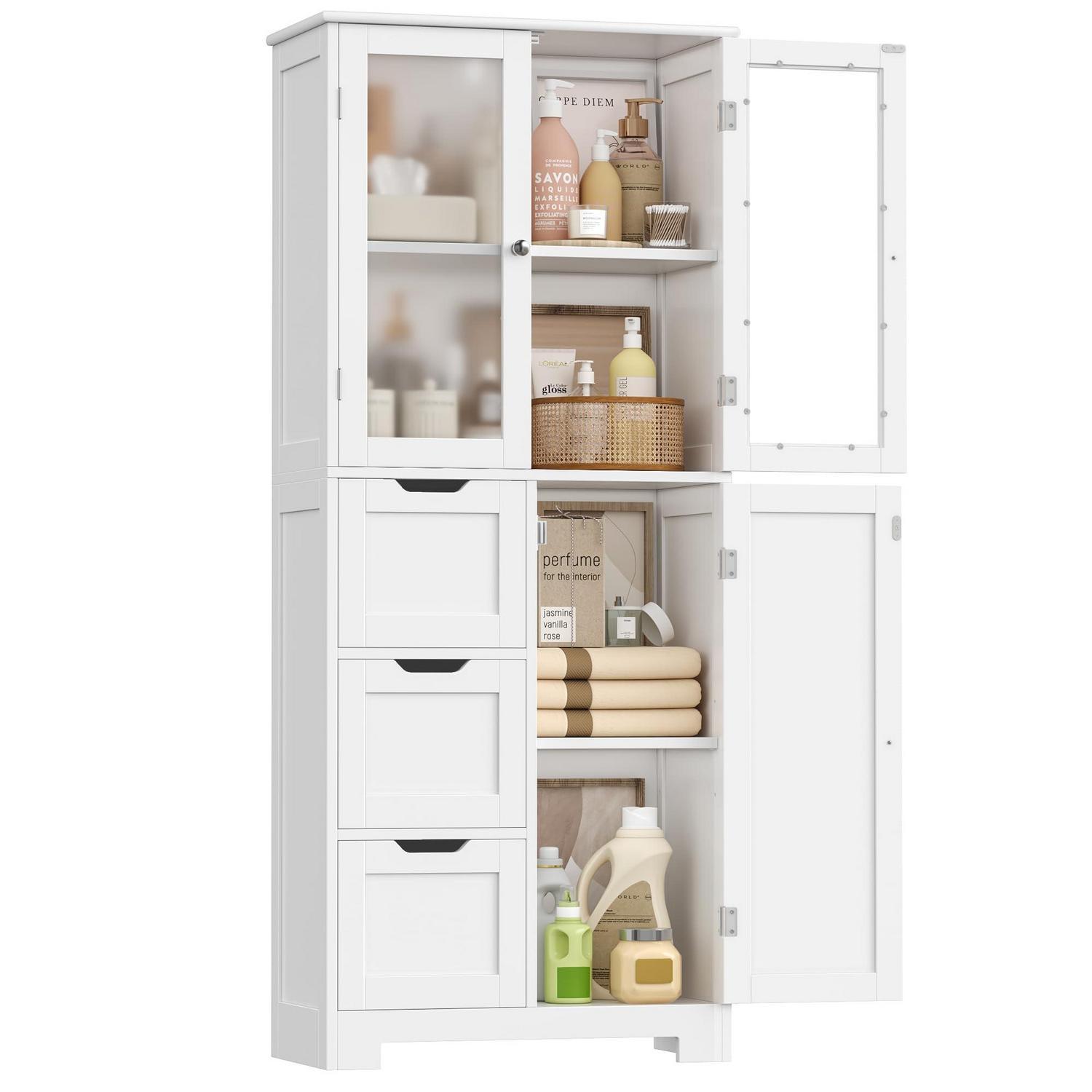 Badezimmerschrank Hoch Mit 3 Türen & 3 Schubladen, Weiß