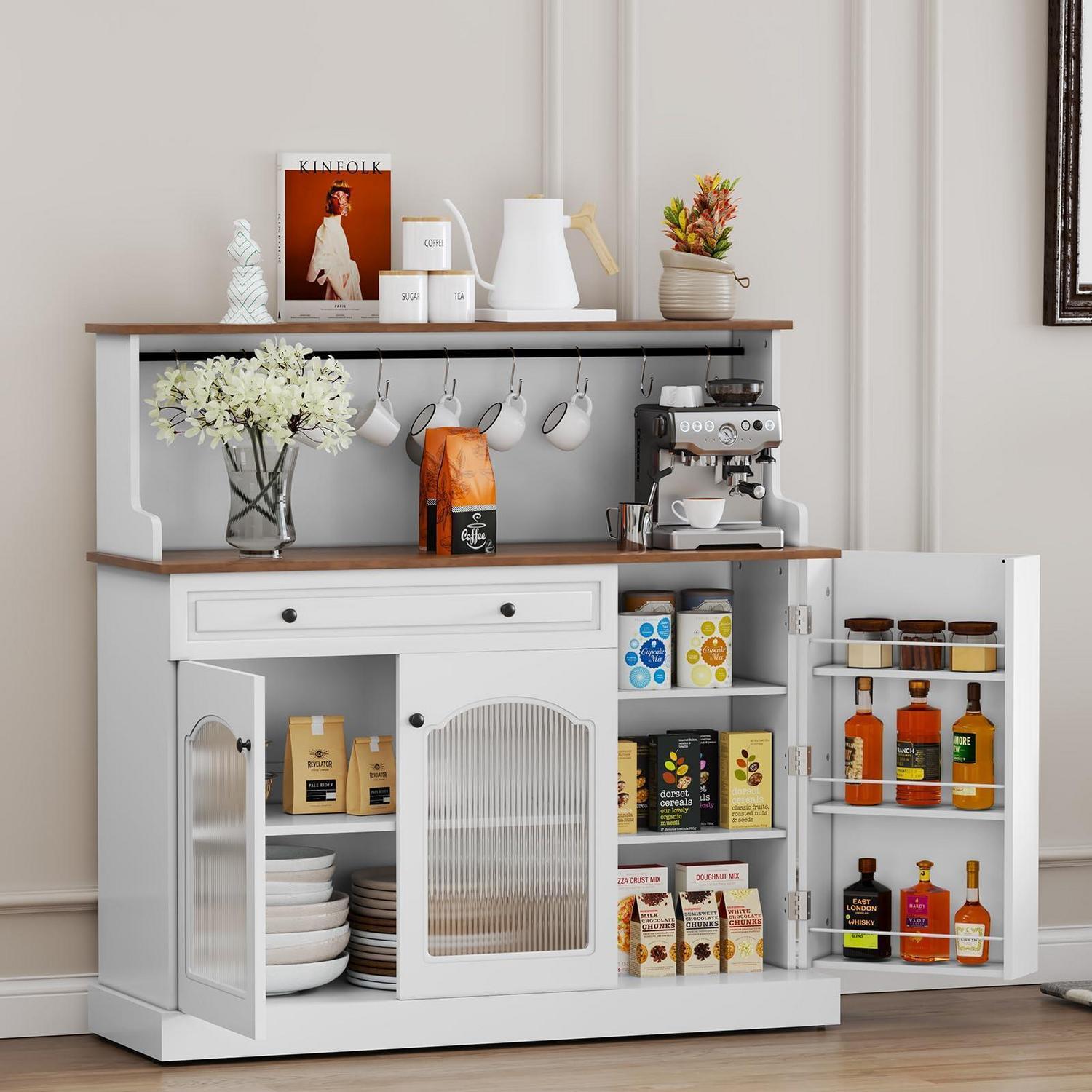Küchenbuffet Mit Arbeitsplatte, Weiß, 120x120x40cm, Mit Schublade & Glastüren