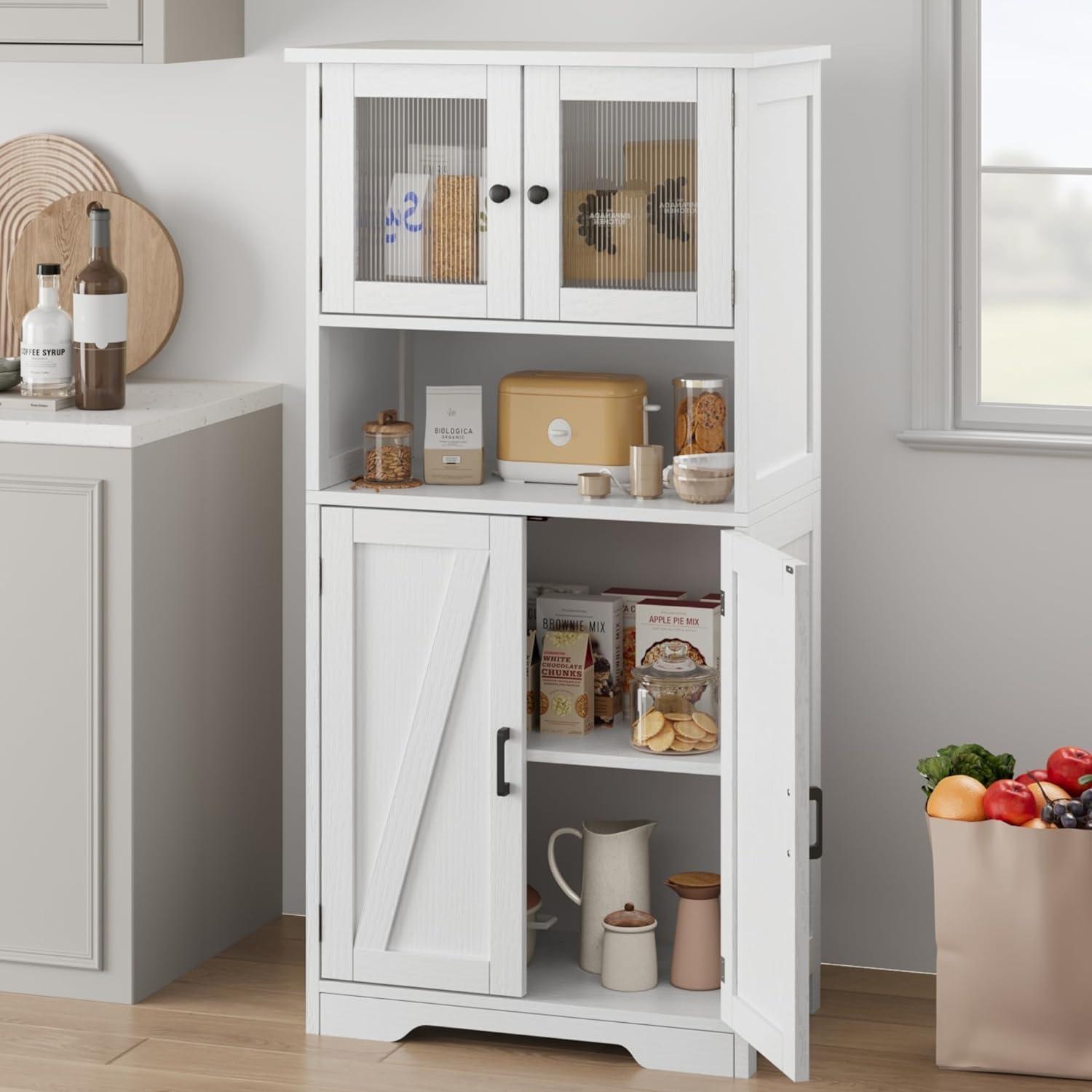 Küchenschrank Badezimmerschrank Hochschrank Weiß Mit Glastüren Und Verstellbaren Regalen 60x30x128cm