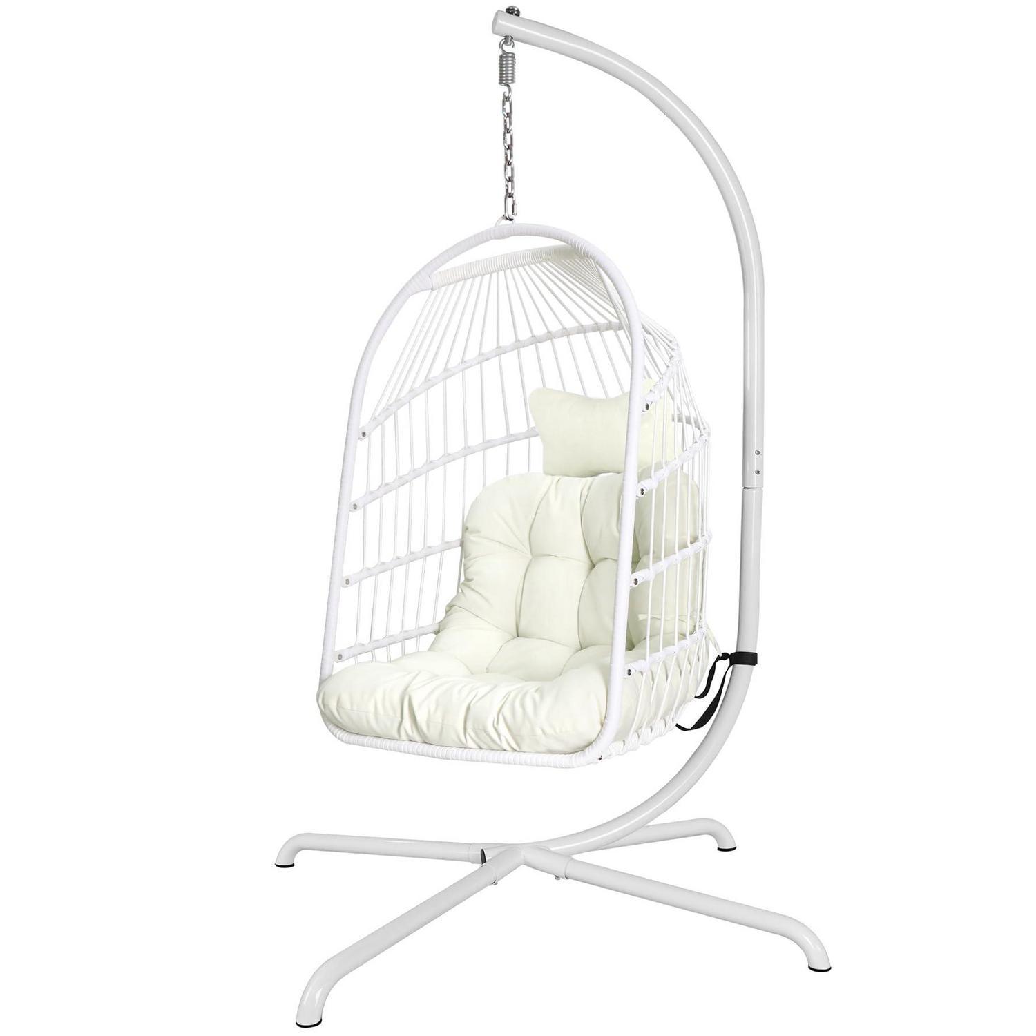 Hängesessel Mit Ständer Und Kissen, Faltbar, Rattan-optik, 150 Kg Kapazität, Weiß