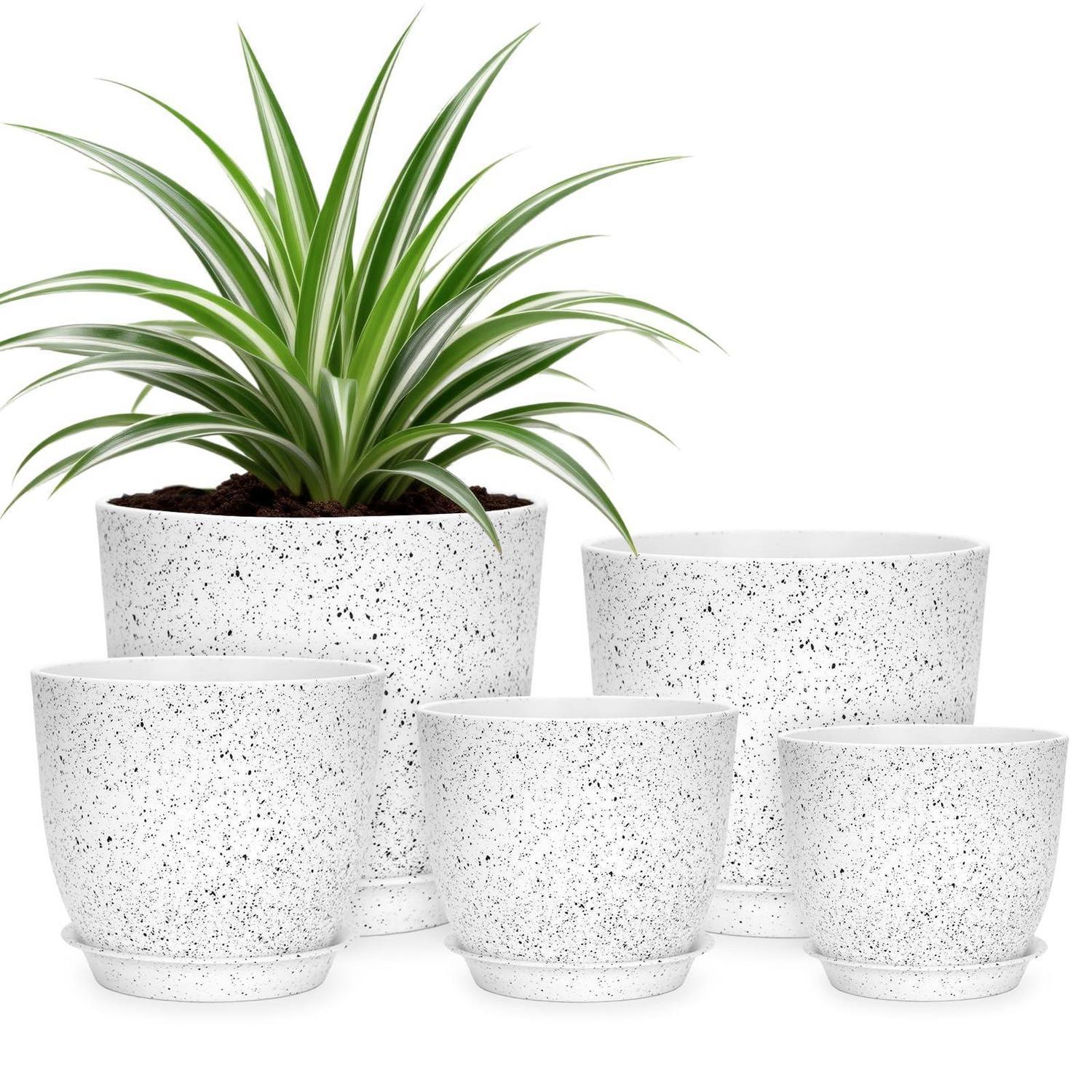 5er Blumentopf Set Mit Untersetzer, Kunststoff, Weiß Mit Sprenkeln, Verschiedene Größen