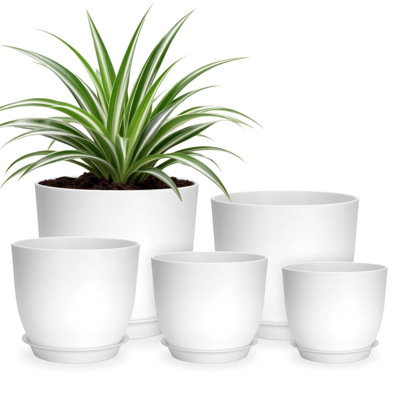 5er Blumentopf Set Mit Untersetzer, Kunststoff, Weiß, Verschiedene Größen