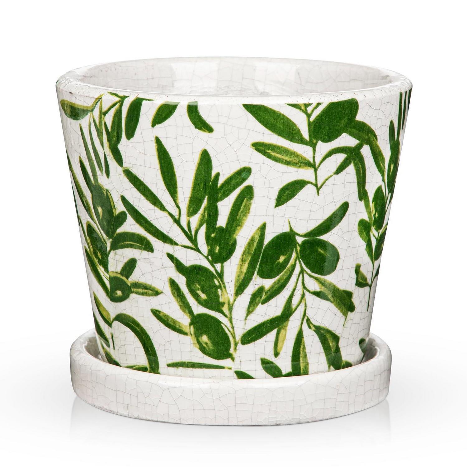 Keramik-blumentopf 14cm Mit Olivenblattmuster Und Untersetzer