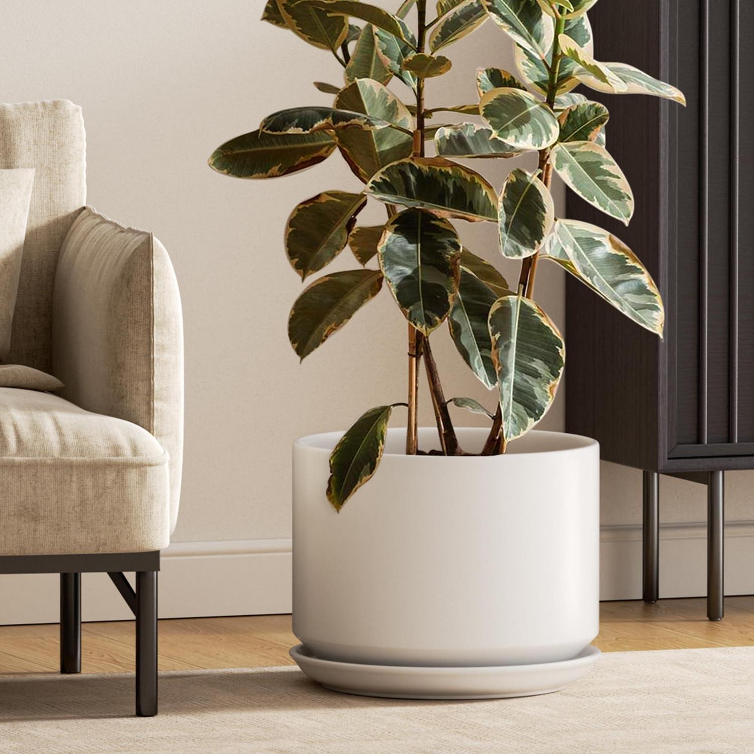 Keramik Blumentopf Groß 30cm Mit Untersetzer Und Abflussloch, Weiß