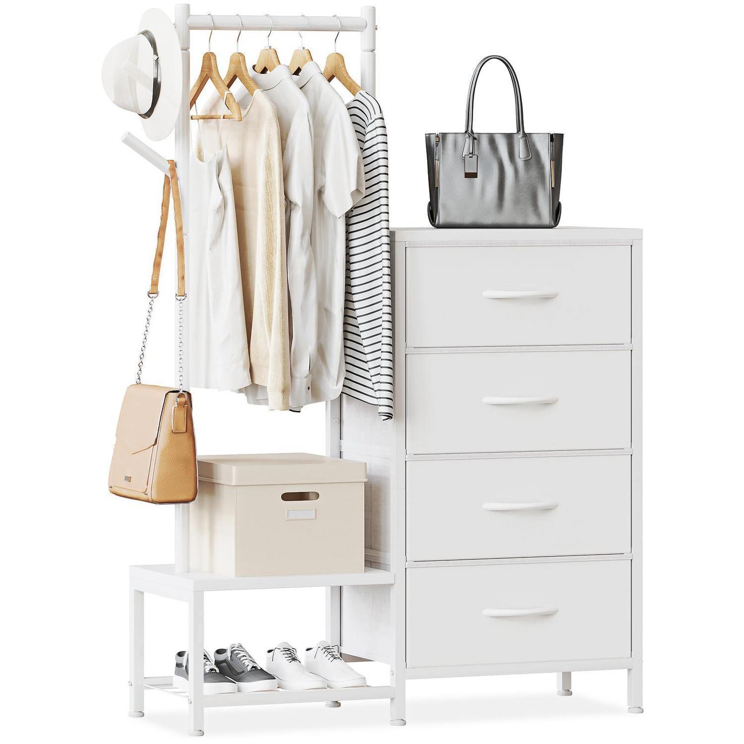 3-in-1 Kommode Mit Kleiderständer, 4 Stoffschubladen, Schuhregal, Weiß