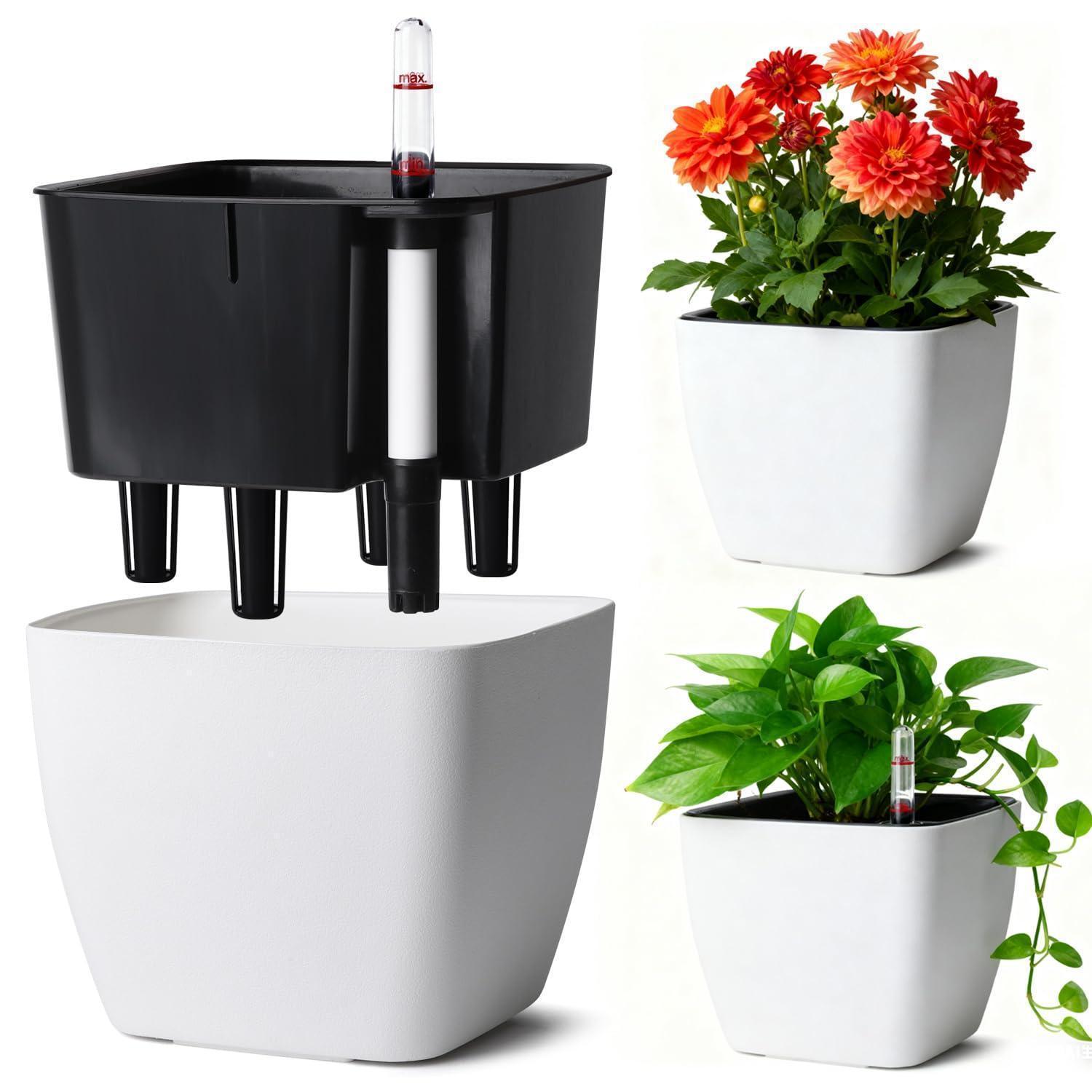 Eckiger Selbstbewässerungstopf 17,5cm Mit Wasserstandsanzeige, Weiß