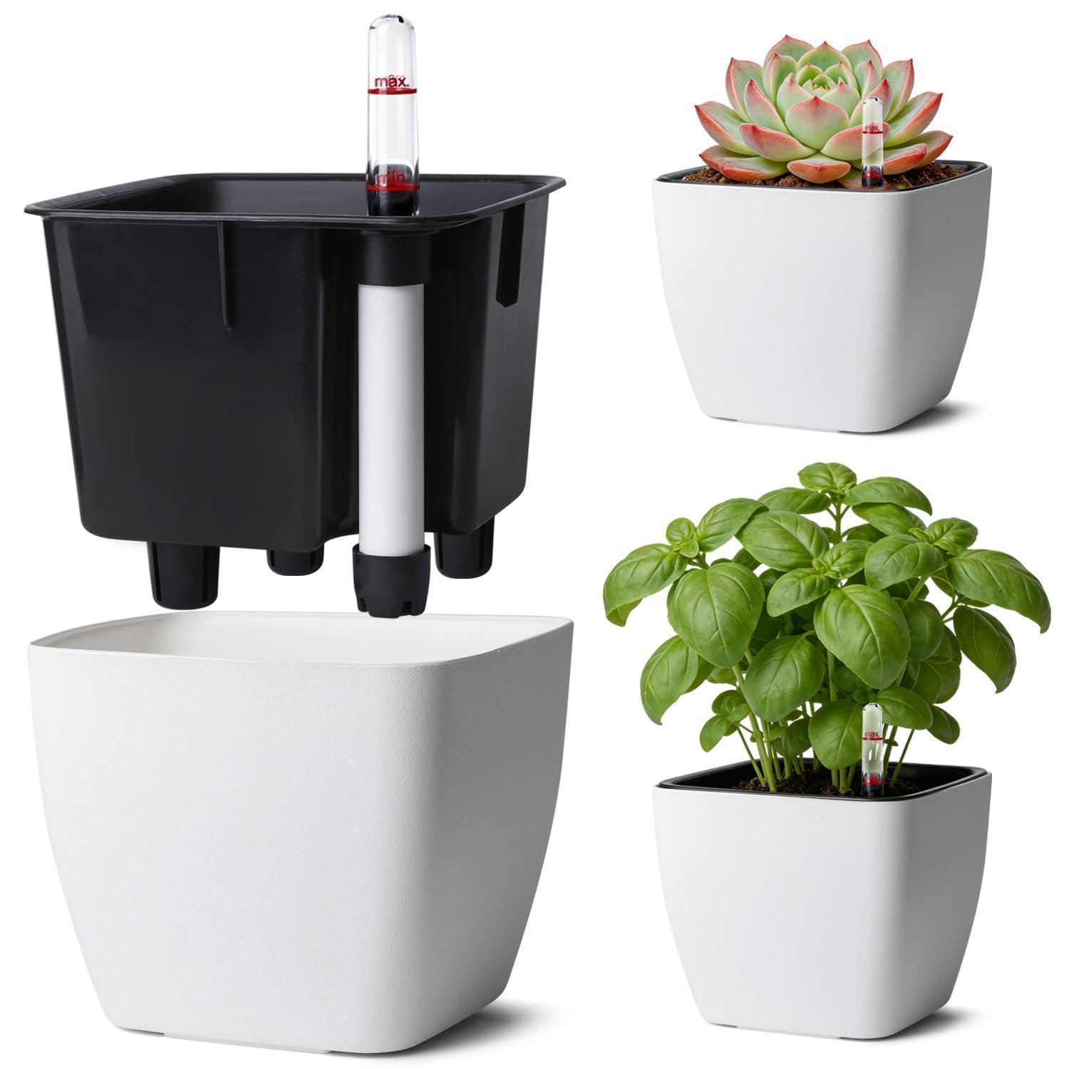 Eckiger Selbstbewässerungstopf 12,5cm Mit Wasserstandsanzeige, Weiß