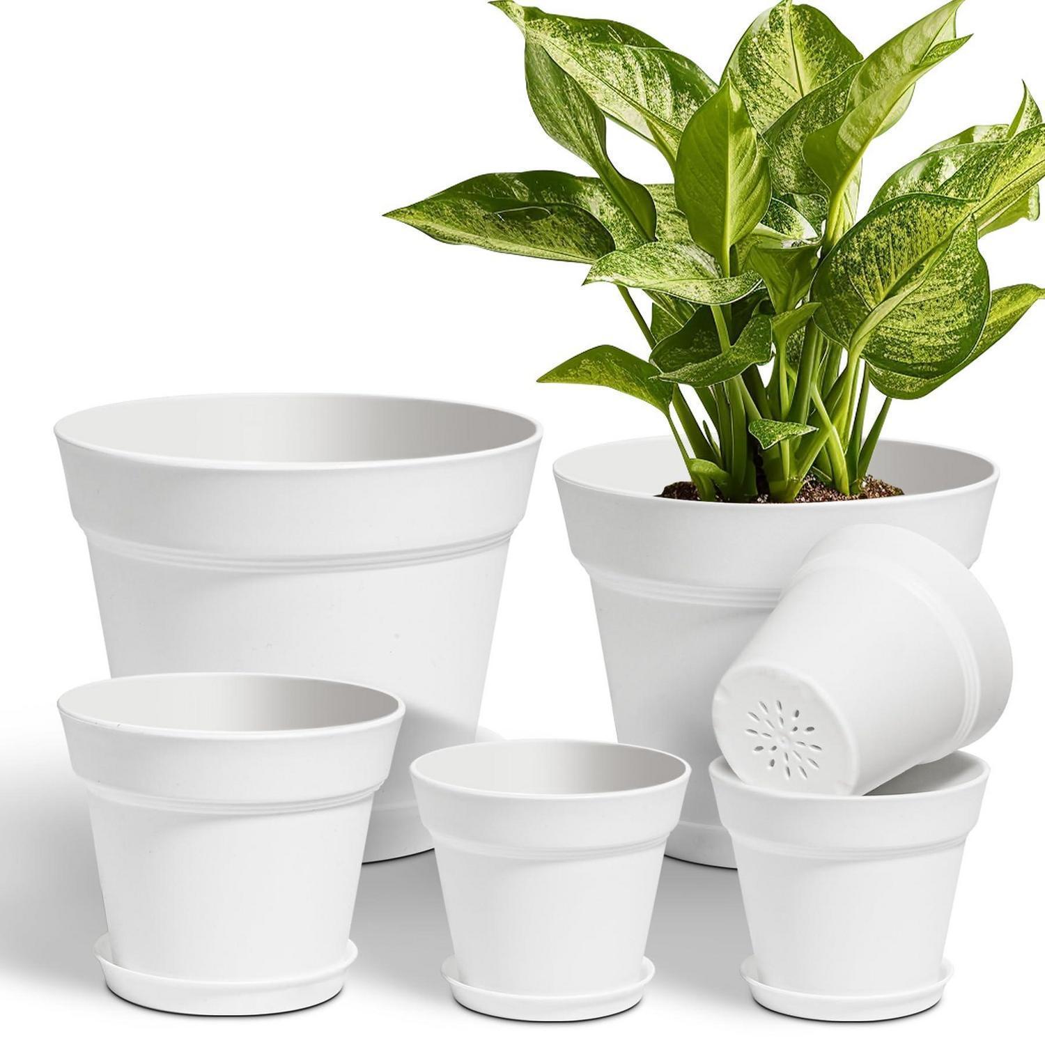 Blumentopf-set Mit Untersetzer, 6 Stück, Weiß, 4 Größen, Kunststoff, Mit Drainage
