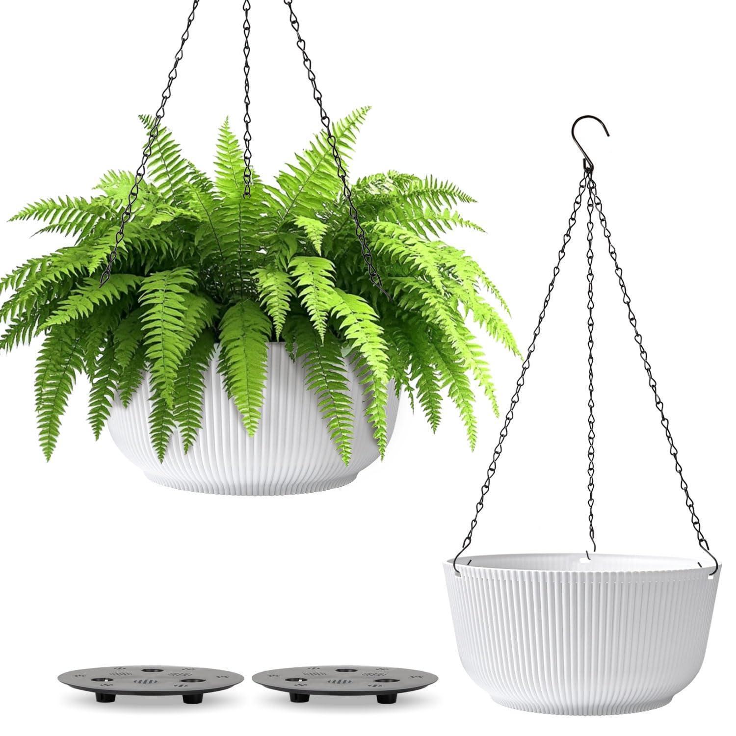 Blumenampel 2er Set Ø25cm Weiß Mit Ketten & Bewässerungssystem